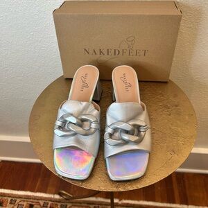 Naked Feet Silver Slide Sandals with Block Heel